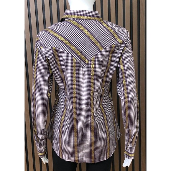 Wrangler Women's Plaid Western Shirt Gold Trim XS Snap Front Long Vintage Sleeve - Picture 3 of 10